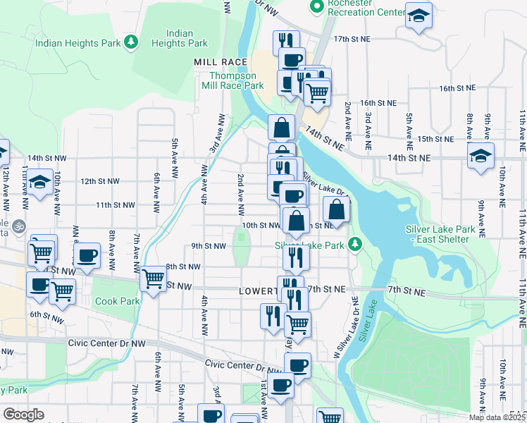 map of restaurants, bars, coffee shops, grocery stores, and more near 32 11th Street Northwest in Rochester