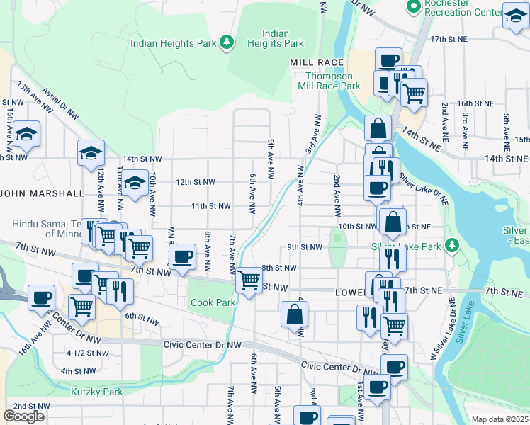 map of restaurants, bars, coffee shops, grocery stores, and more near 508 11th Street Northwest in Rochester