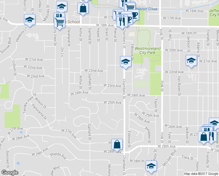 map of restaurants, bars, coffee shops, grocery stores, and more near 1732 West 23rd Avenue in Eugene