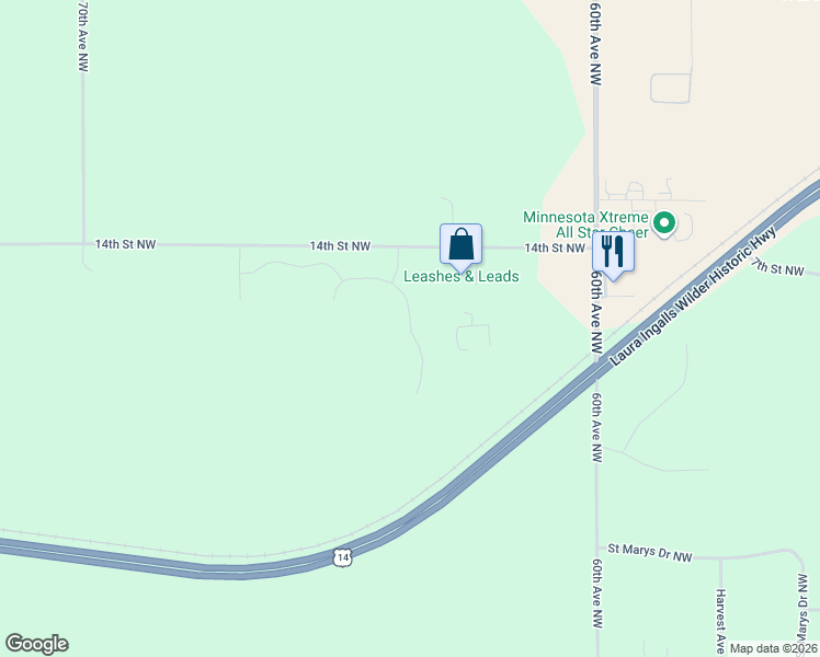 map of restaurants, bars, coffee shops, grocery stores, and more near Paint Road Northwest in Olmsted County