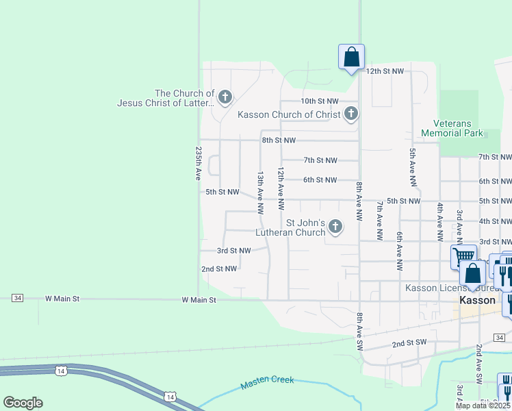 map of restaurants, bars, coffee shops, grocery stores, and more near 1303 4 1/2 Street Northwest in Kasson