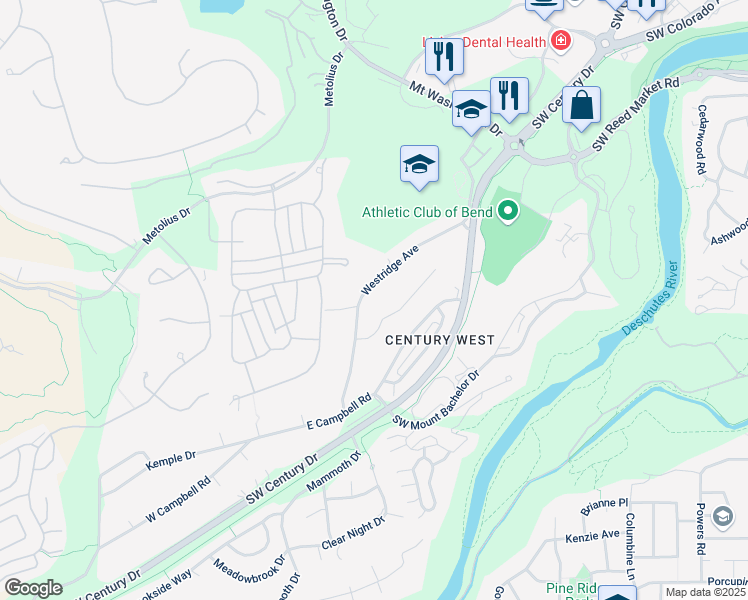map of restaurants, bars, coffee shops, grocery stores, and more near 61512 Westridge Avenue in Bend