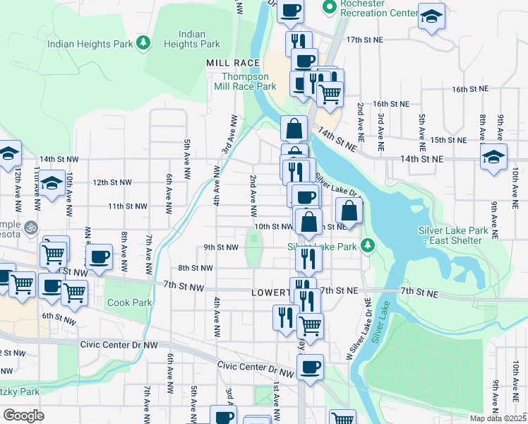 map of restaurants, bars, coffee shops, grocery stores, and more near 1019 2nd Avenue Northwest in Rochester