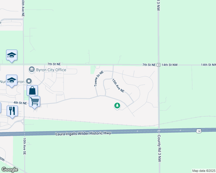 map of restaurants, bars, coffee shops, grocery stores, and more near 473 Verwood Lane Northeast in Byron