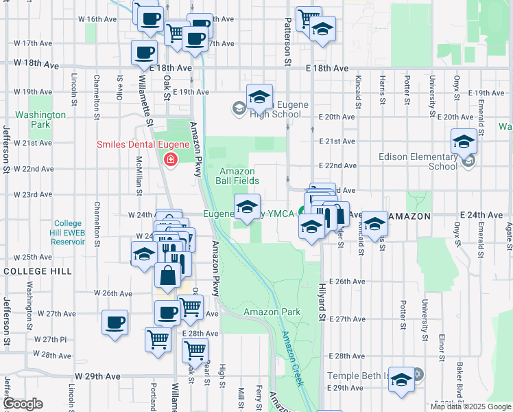 map of restaurants, bars, coffee shops, grocery stores, and more near 2250 Patterson Street in Eugene