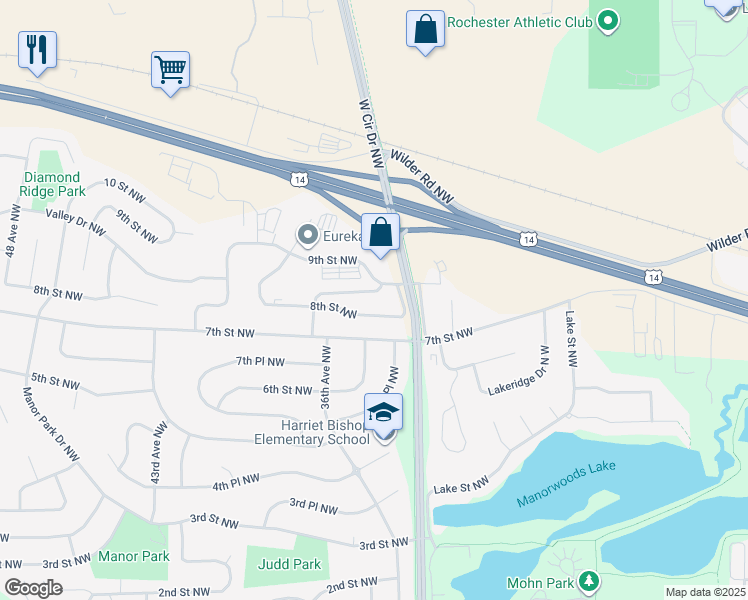 map of restaurants, bars, coffee shops, grocery stores, and more near 3562 8 1/2 Street Northwest in Rochester