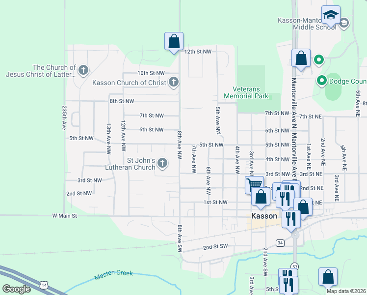 map of restaurants, bars, coffee shops, grocery stores, and more near 430 8th Avenue Northwest in Kasson