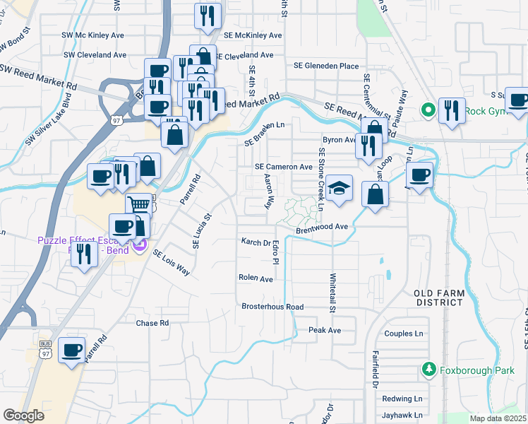 map of restaurants, bars, coffee shops, grocery stores, and more near 61525 Aaron Way in Bend