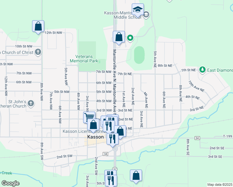 map of restaurants, bars, coffee shops, grocery stores, and more near 408 Mantorville Avenue North in Kasson