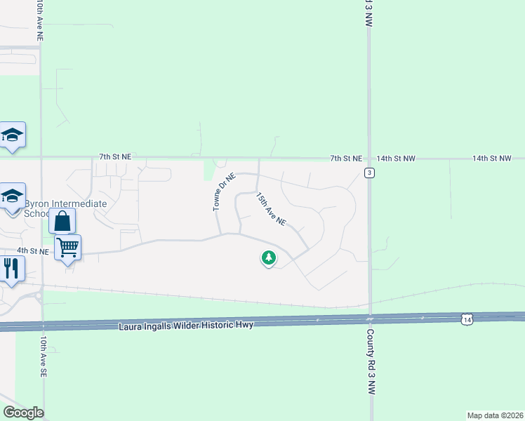 map of restaurants, bars, coffee shops, grocery stores, and more near 513 15th Avenue Northeast in Byron