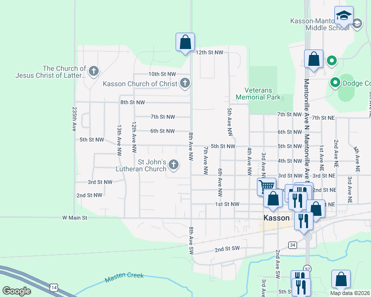 map of restaurants, bars, coffee shops, grocery stores, and more near 407 240th Avenue in Kasson