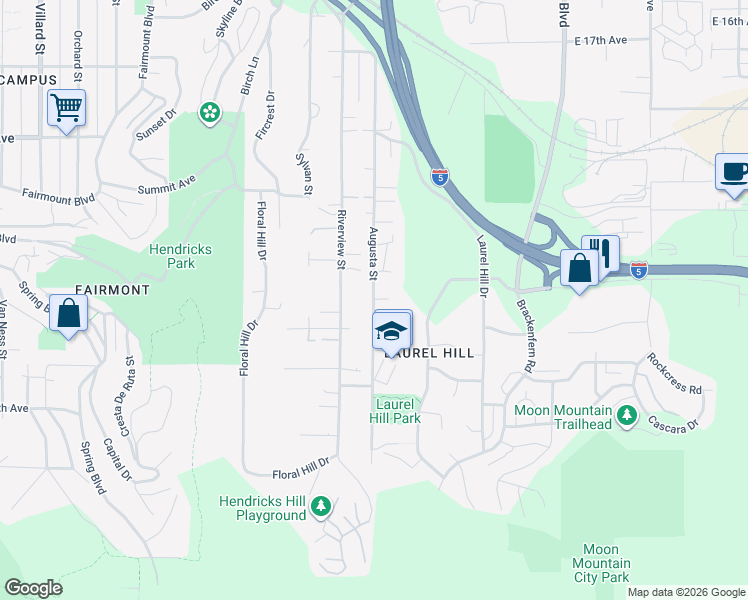 map of restaurants, bars, coffee shops, grocery stores, and more near 2331 Augusta Street in Eugene