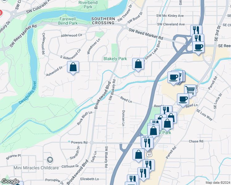 map of restaurants, bars, coffee shops, grocery stores, and more near 1333 SW Boardwalk ln in Bend