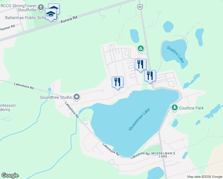 map of restaurants, bars, coffee shops, grocery stores, and more near 10 Rosehill Drive in Whitchurch-Stouffville