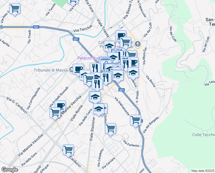 map of restaurants, bars, coffee shops, grocery stores, and more near Galleria Sanzio in Massa