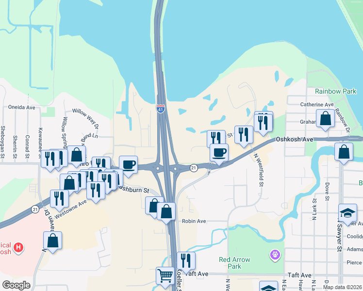 map of restaurants, bars, coffee shops, grocery stores, and more near 1886 Rath Lane in Oshkosh