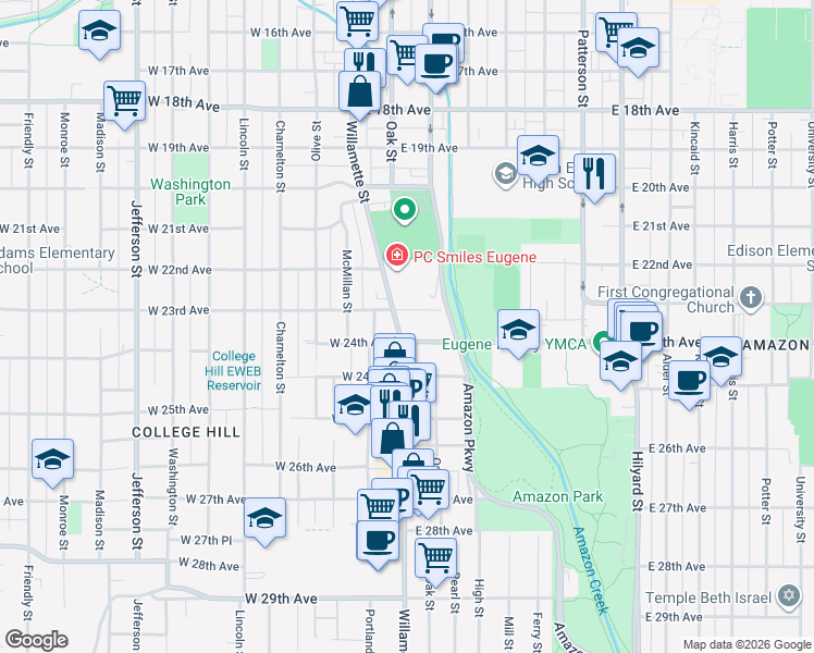 map of restaurants, bars, coffee shops, grocery stores, and more near 2351 Willamette Street in Eugene