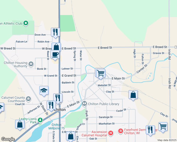 map of restaurants, bars, coffee shops, grocery stores, and more near 210 East Grand Street in Chilton
