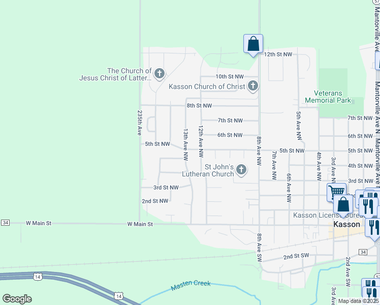 map of restaurants, bars, coffee shops, grocery stores, and more near 1303 4 1/2 Street Northwest in Kasson