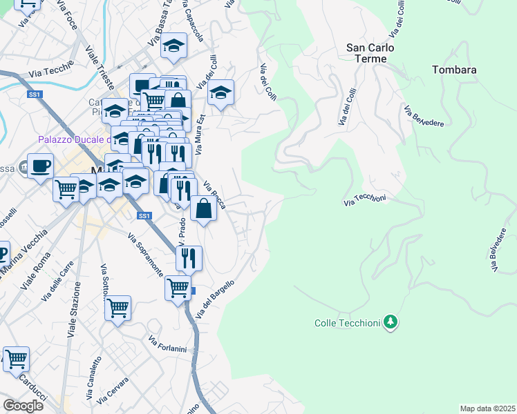 map of restaurants, bars, coffee shops, grocery stores, and more near 29 Via degli Obertenghi in Massa