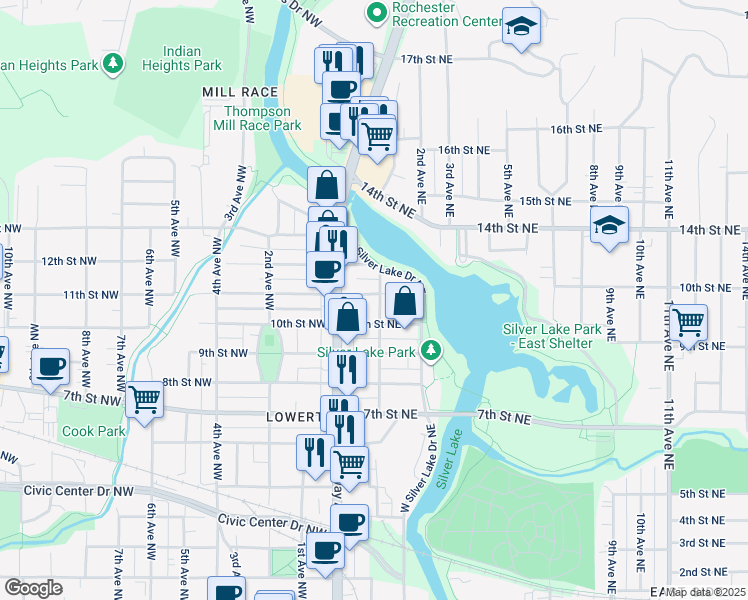 map of restaurants, bars, coffee shops, grocery stores, and more near 34 11th Street Northeast in Rochester