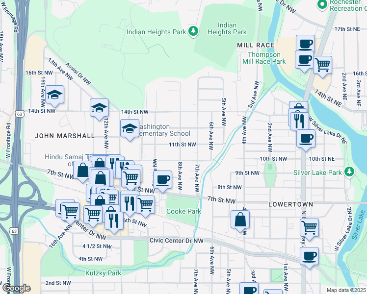 map of restaurants, bars, coffee shops, grocery stores, and more near 1026 8th Avenue Northwest in Rochester