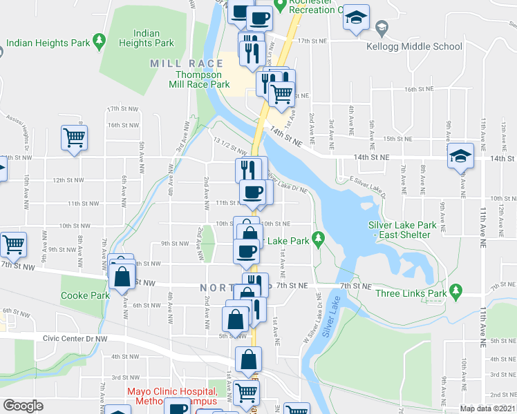 map of restaurants, bars, coffee shops, grocery stores, and more near 2 11th Street Northeast in Rochester