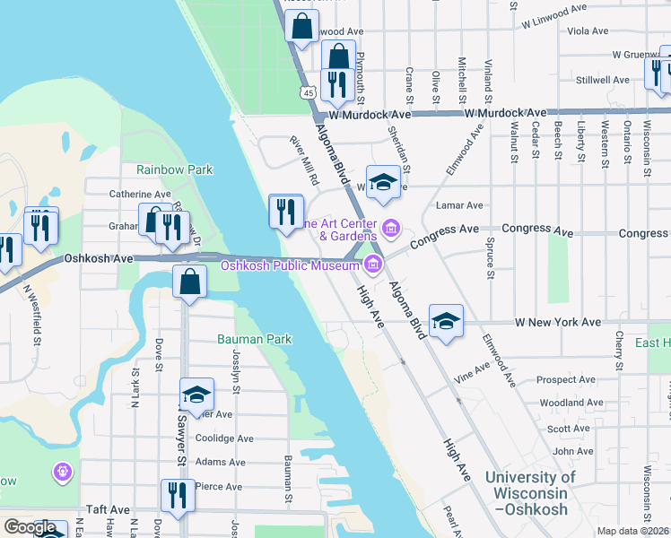 map of restaurants, bars, coffee shops, grocery stores, and more near 1613 Congress Avenue in Oshkosh