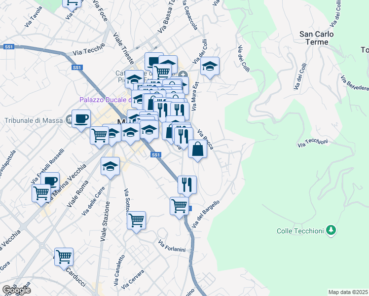 map of restaurants, bars, coffee shops, grocery stores, and more near 5 Piazza Martana in Massa