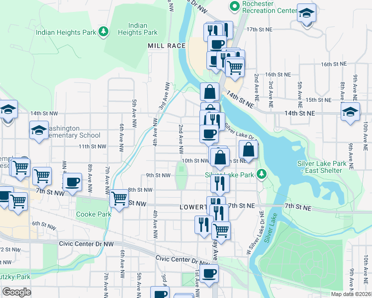 map of restaurants, bars, coffee shops, grocery stores, and more near 1019 2nd Avenue Northwest in Rochester