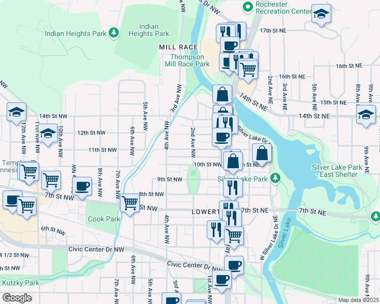 map of restaurants, bars, coffee shops, grocery stores, and more near 1019 2nd Avenue Northwest in Rochester