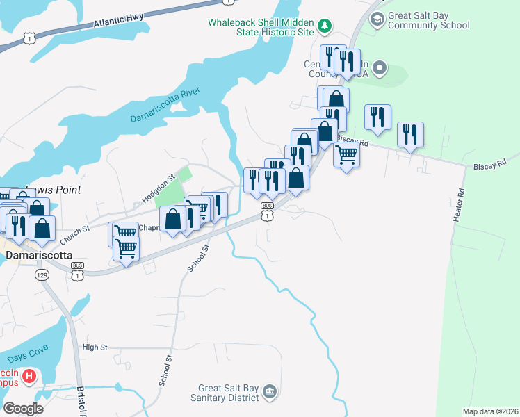 map of restaurants, bars, coffee shops, grocery stores, and more near 422 U.S. 1 Business in Damariscotta