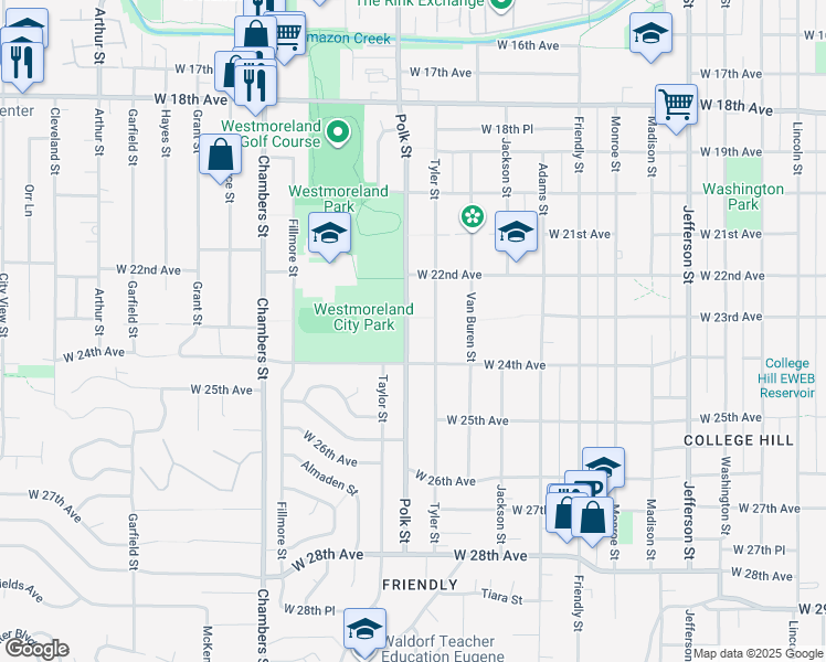 map of restaurants, bars, coffee shops, grocery stores, and more near 2335 Polk Street in Eugene