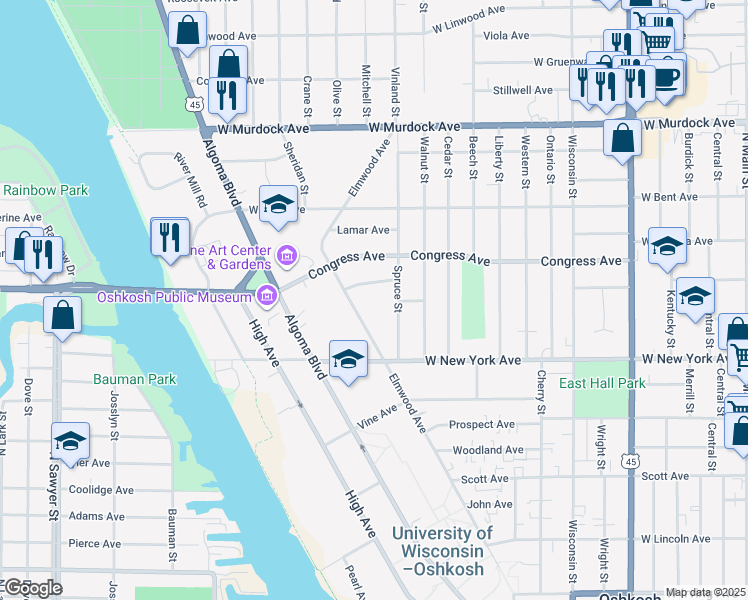 map of restaurants, bars, coffee shops, grocery stores, and more near 1307 Spruce Street in Oshkosh
