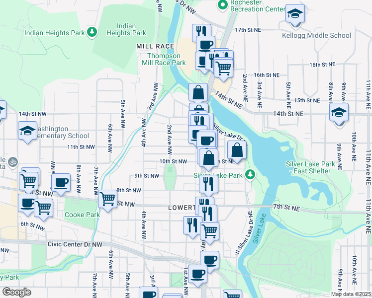 map of restaurants, bars, coffee shops, grocery stores, and more near 32 11th Street Northwest in Rochester