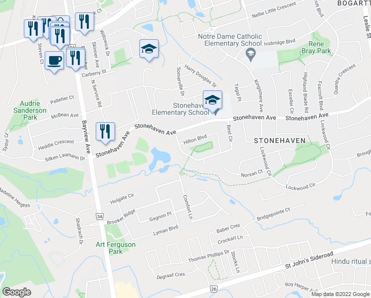 map of restaurants, bars, coffee shops, grocery stores, and more near 803 Best Circle in Newmarket