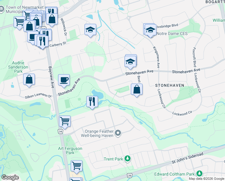 map of restaurants, bars, coffee shops, grocery stores, and more near 803 Best Circle in Newmarket