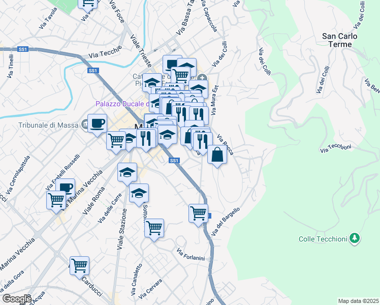 map of restaurants, bars, coffee shops, grocery stores, and more near 11 Piazza Bastione in Massa