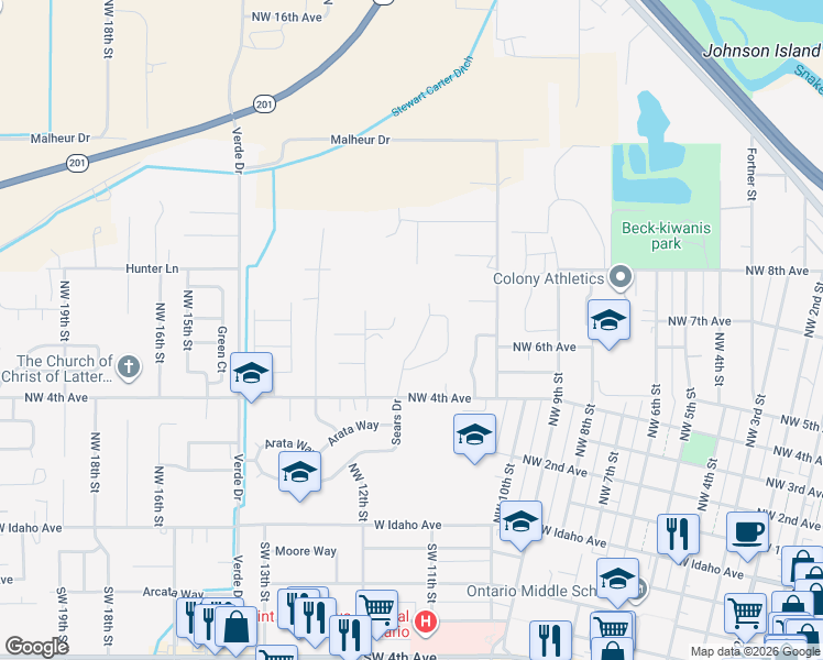 map of restaurants, bars, coffee shops, grocery stores, and more near 525 Northwest 11th Street in Ontario