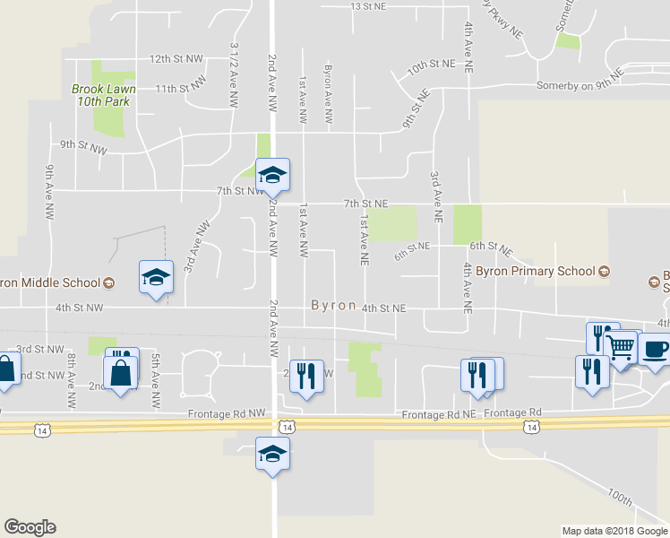 map of restaurants, bars, coffee shops, grocery stores, and more near 458 Byron Avenue North in Byron