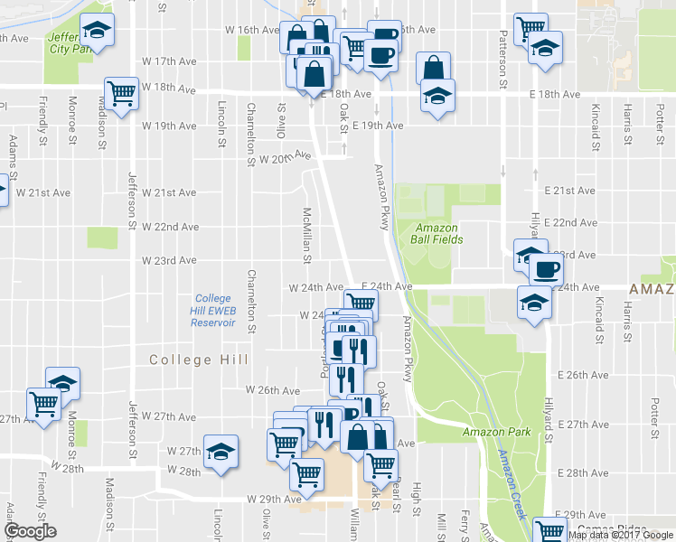 map of restaurants, bars, coffee shops, grocery stores, and more near 2352 Willamette Street in Eugene
