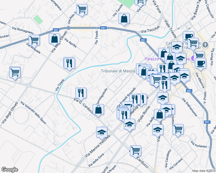 map of restaurants, bars, coffee shops, grocery stores, and more near 22a Via Cervolapittola in Massa