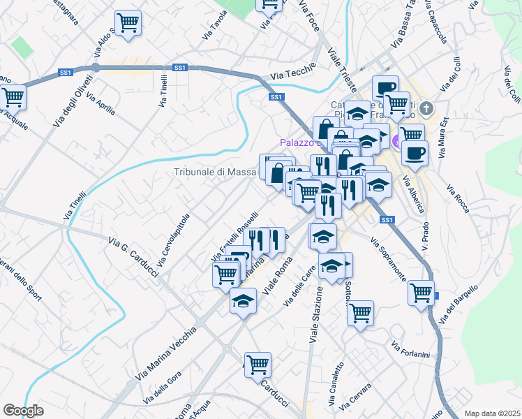 map of restaurants, bars, coffee shops, grocery stores, and more near 7 Via Cesare Beccaria in Massa