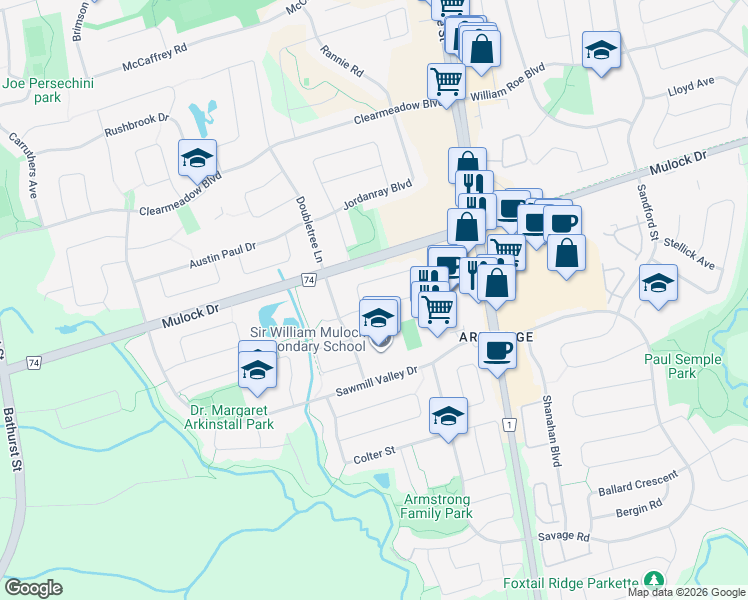 map of restaurants, bars, coffee shops, grocery stores, and more near 81 Banbrooke Crescent in Newmarket