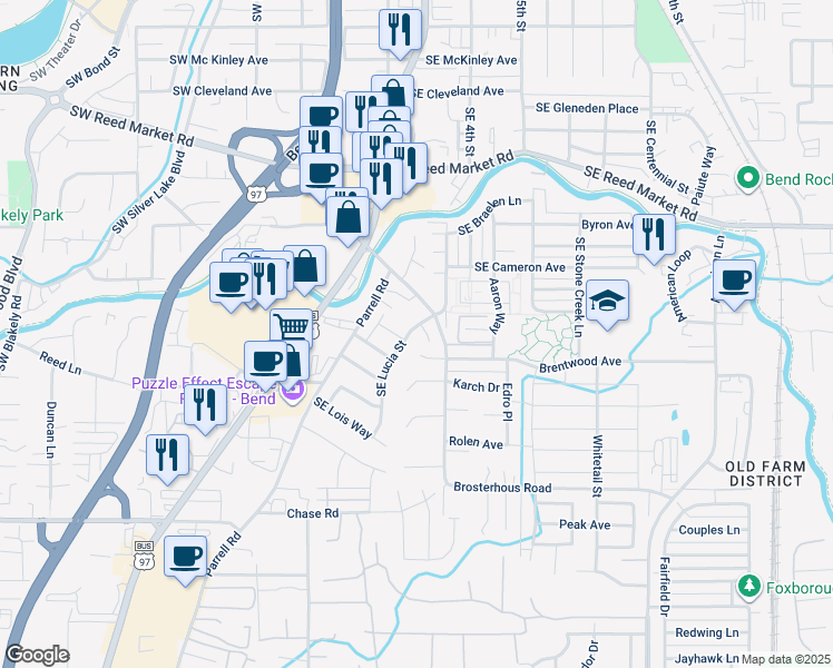 map of restaurants, bars, coffee shops, grocery stores, and more near 61523 Brosterhous Road in Bend