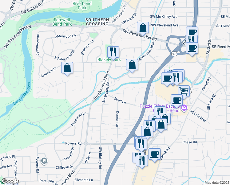 map of restaurants, bars, coffee shops, grocery stores, and more near 20130 Reed Lane in Bend