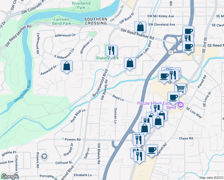 map of restaurants, bars, coffee shops, grocery stores, and more near 20130 Reed Lane in Bend