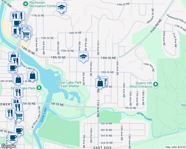 map of restaurants, bars, coffee shops, grocery stores, and more near 942 10th Avenue Northeast in Rochester