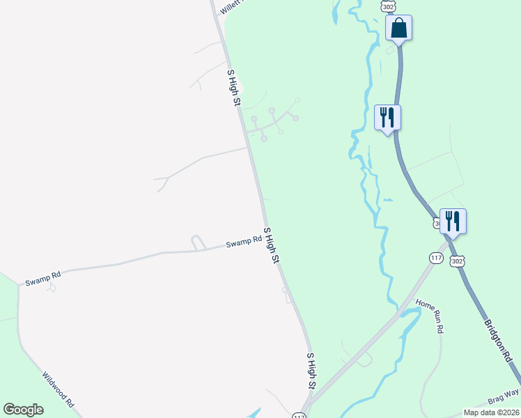 map of restaurants, bars, coffee shops, grocery stores, and more near 399 South High Street in Bridgton