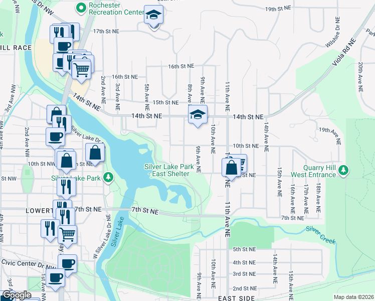 map of restaurants, bars, coffee shops, grocery stores, and more near 942 8th Avenue Northeast in Rochester